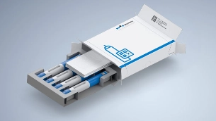 An autoinjector safely packaged in a carton tray.