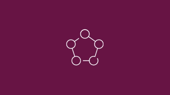 White network icon on a berry-colored background, symbolizing collaboration, responsibility, and connected solutions.