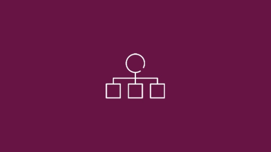 White organizational chart icon on a berry‑colored background symbolizing organizational structure.