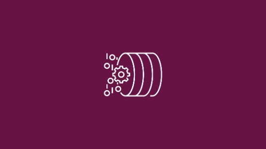White icon with stacked cylindrical shapes and a gear next to them on a berry-colored background.