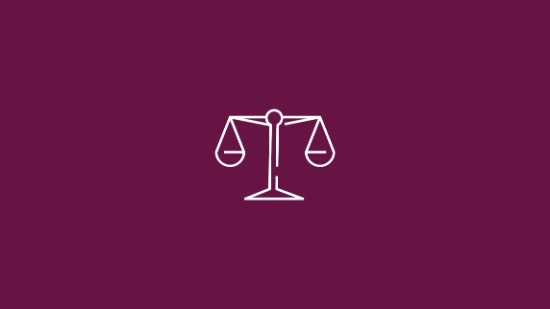White balance scale icon on a berry‑colored background symbolizing governance, fairness, and regulatory balance.
