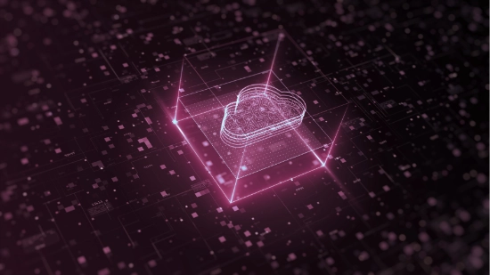 Graphic depiction of a glowing cloud within a digital grid with pink light points on a dark background.