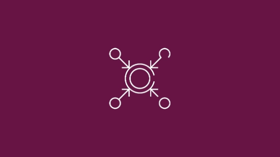 White icon showing connected elements converging toward a central circle on a berry‑colored background, symbolizing integration and centralized services.