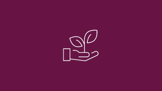White icon of a hand holding a plant on a berry‑colored background symbolizing sustainability.