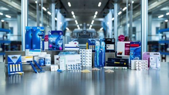 Various medical and consumer goods packages displayed in a production hall.