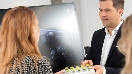 A close-up of Uhlmann experts consulting a customer on parenteral packaging solutions