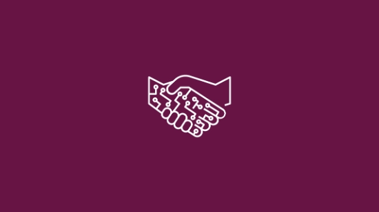 White icon of two hands shaking, depicted with small square pixels, on a berry-colored background.