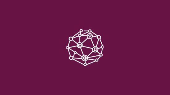 White icon showing multiple connected dots and lines arranged in a circular shape on a berry-colored background.