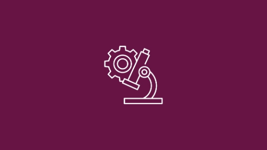 An icon of a gear and a microscope to represent research and development.