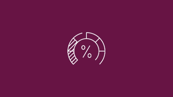 White gauge icon on a berry‑colored background symbolizing reporting and performance ratings.