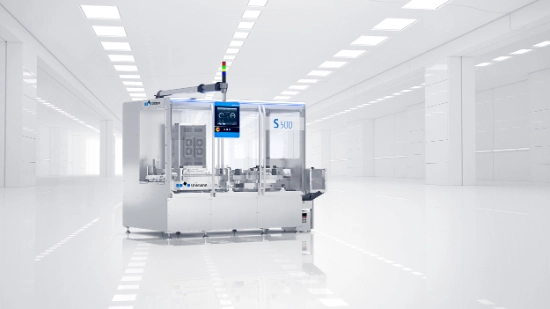 Vista frontal de una Serialization Platform S 500 para estuches con ampliación de la función Tamper TopLabeling