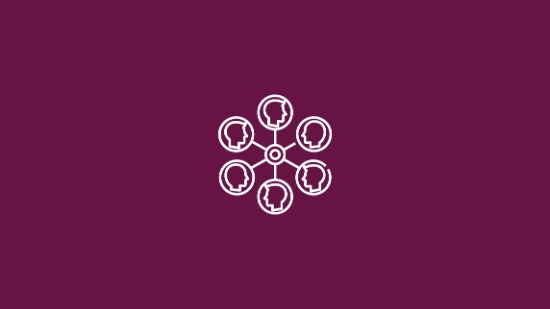 A white icon on a berry-colored background featuring stylized heads connected by lines to form a network