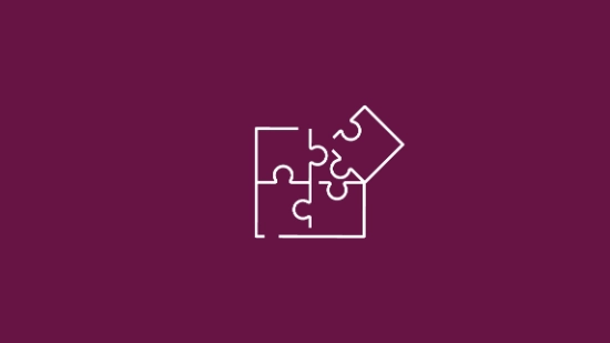 White icon of four puzzle pieces with one piece being placed on a berry coloured background representing connections.
