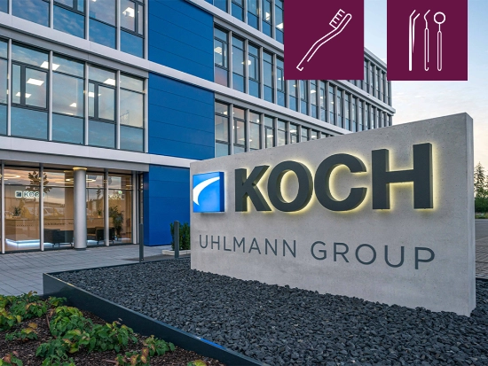 The KOCH Pac-Systeme corporate building, featuring two icons, a toothbrush and medical instruments, that symbolize the consumer goods and healthcare segments.