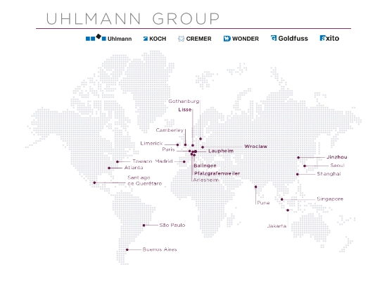 A world map shows the Uhlmann Group's locations around the world