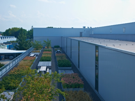View of the roof of a company building, which is equipped with flower and plant beds and seating
