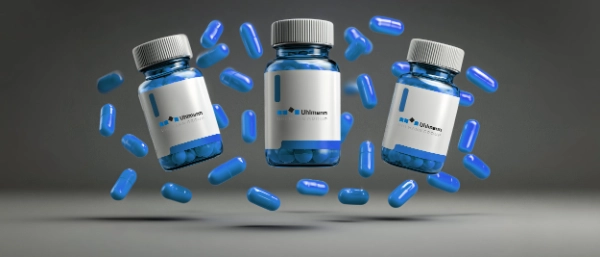 Transparent plastic bottle filled with blue tablets positioned among opaque white pharmaceutical containers on a reflective surface in a laboratory or pharmacy setting.