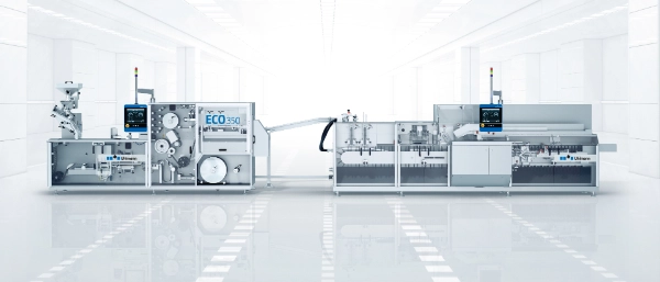 Overview of the ECO 350 blister line with blister machine and cartoner in front view