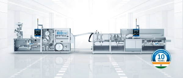 Overview of the ECO 350 blister line with blister machine and cartoner in front view