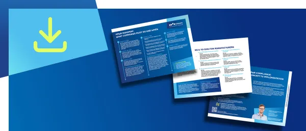 PPWR-Checkliste mit drei überlappenden Dokumentseiten und Download-Symbol