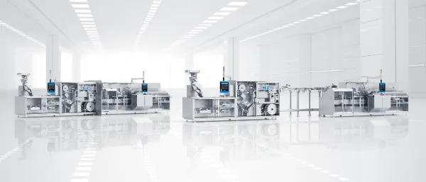 Overview of the ECO 350 blister line with blister machine and cartoner in front view