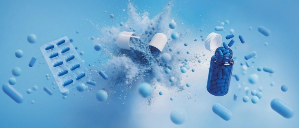 Various consumer health products packed in bottles and blisters.