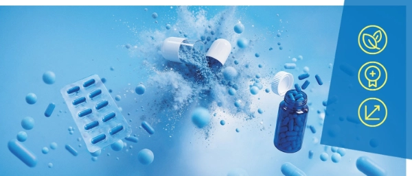 Illustration with open capsules, tablets, and a medicine bottle in a blue-toned setting; alongside icons representing sustainability, quality, and growth.